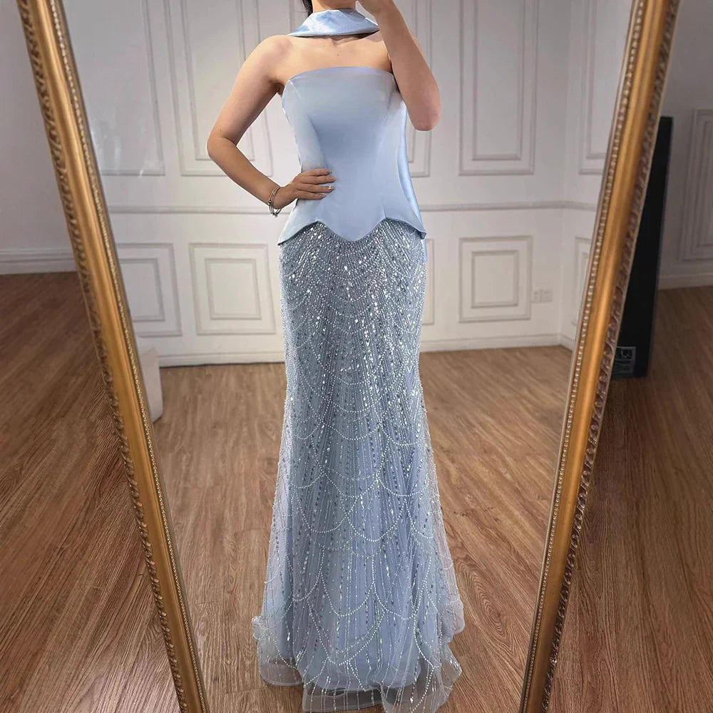 Blue Arabic Dubai Designer A-Line Evening Dress for Women Party LA73216 - SERENE HILL