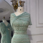 Luxury Sage Green Beaded Evening Dress with Cape LA72126B