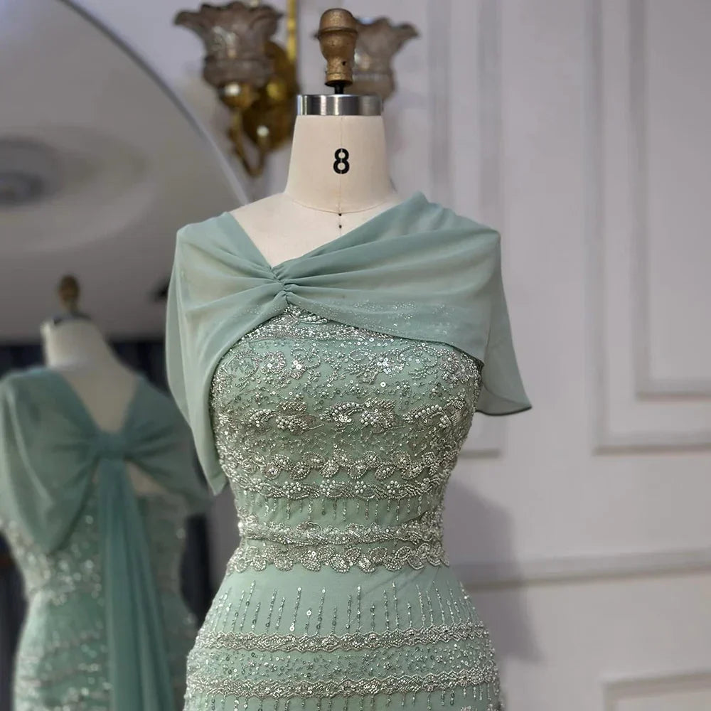 Luxury Sage Green Beaded Evening Dress with Cape LA72126B