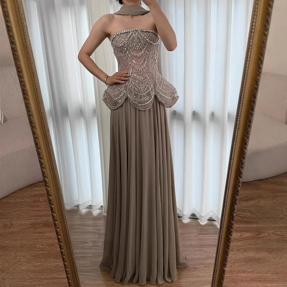 Luxury Designer Nude Beaded Chiffon Evening Dress LA72915