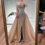 Luxury Dubai Nude Beaded Mermaid Evening Dress with Overskirt LA72811