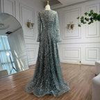 Luxury Turquoise Beaded A-Line Evening Dress with Puffy Sleeves LA73177