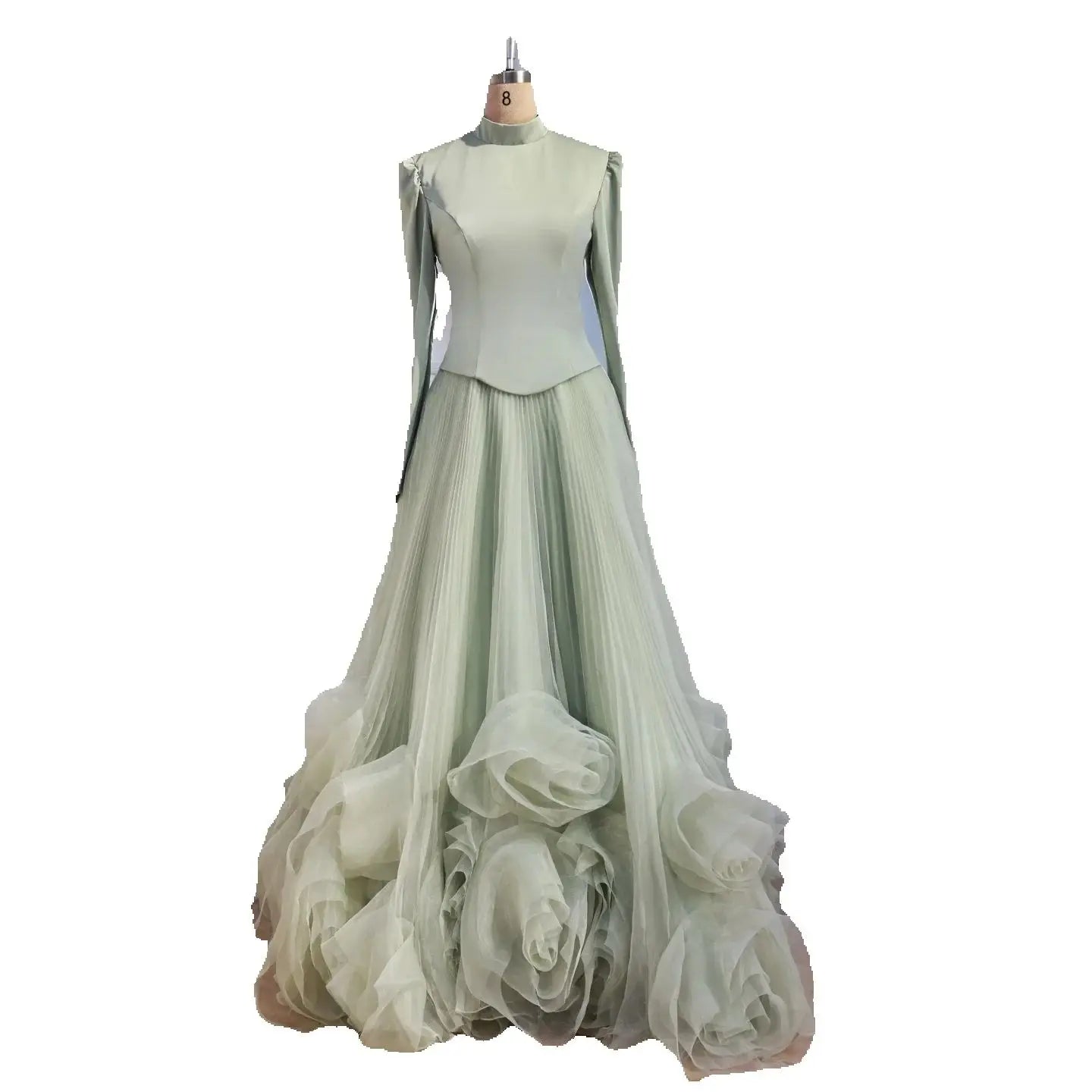 Luxury Sage Green Modest Muslim 3D Flower A-Line Evening Dress LA72913B - SERENE HILL
