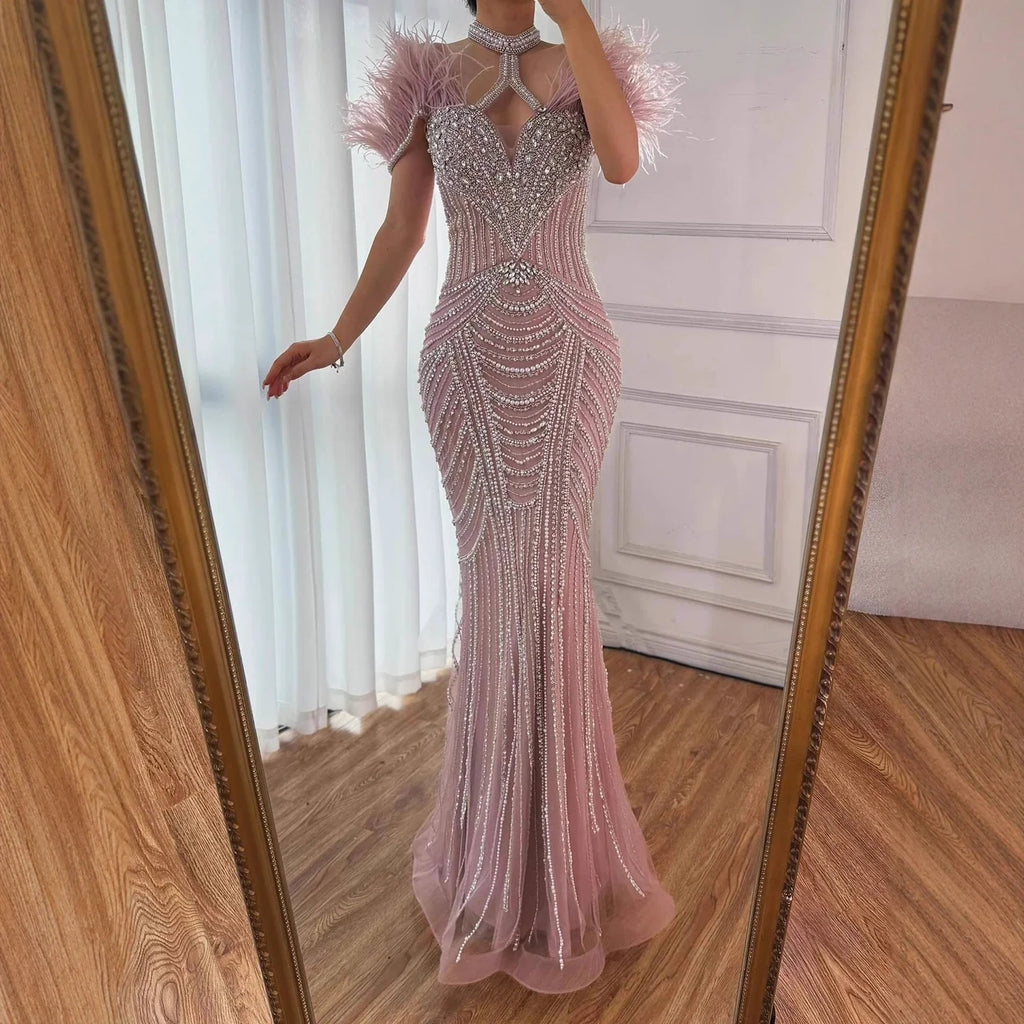 Luxury Pink Feather Halter Beaded Evening Gown for Wedding Party LA73212 - SERENE HILL