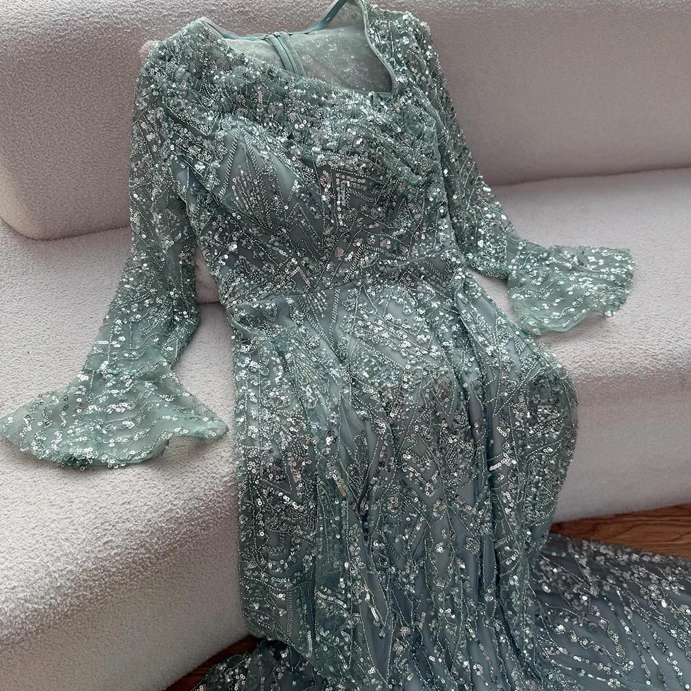 Luxury Turquoise Beaded A-Line Evening Dress with Puffy Sleeves LA73177