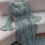 Luxury Turquoise Beaded A-Line Evening Dress with Puffy Sleeves LA73177