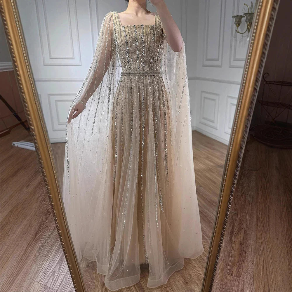 Luxury Dubai Square Neck Beaded Evening Gown with Cape LA73188 - SERENE HILL