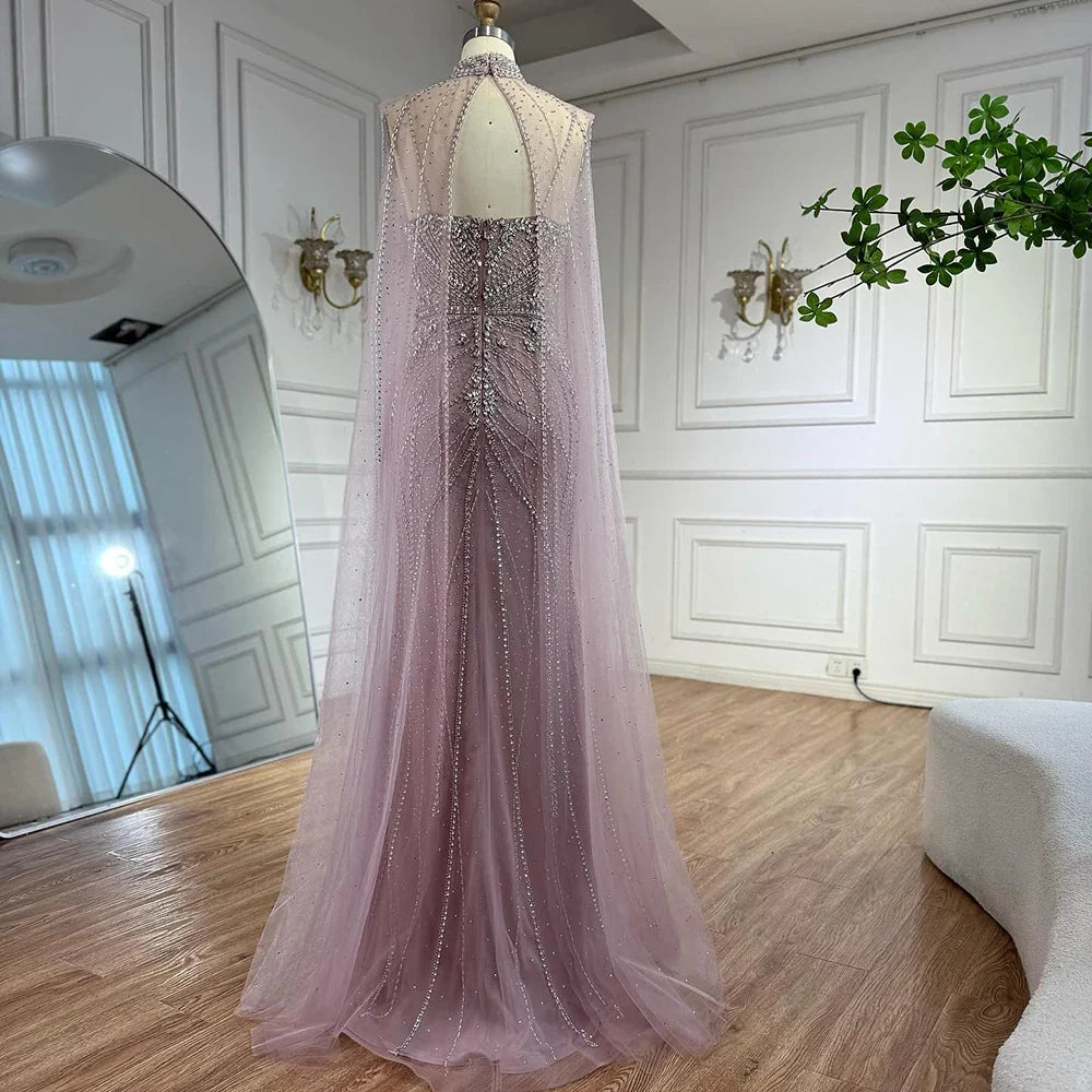 Luxury Dubai Nude Mermaid Evening Dress with Cape Sleeves LA73195 - SERENE HILL