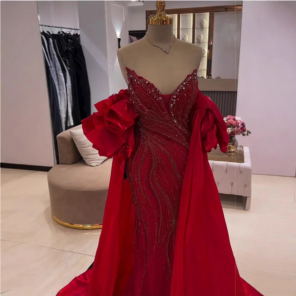 Red Trapless Mermaid Beaded Evening Dress with Cape LA72896