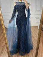 Luxury Dubai Navy Blue Beaded Lace Evening Dress with Cape Sleeves LA73323 - SERENE HILL