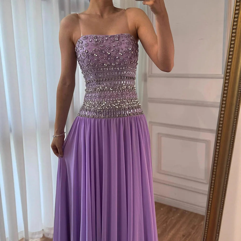 Lilac   Beaded A Line Arabic Evening Dress LA73044