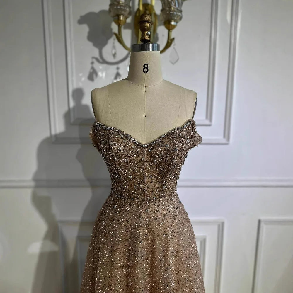 Caramel Off Shoulder A-Line Arabic Evening Dress LA72147B