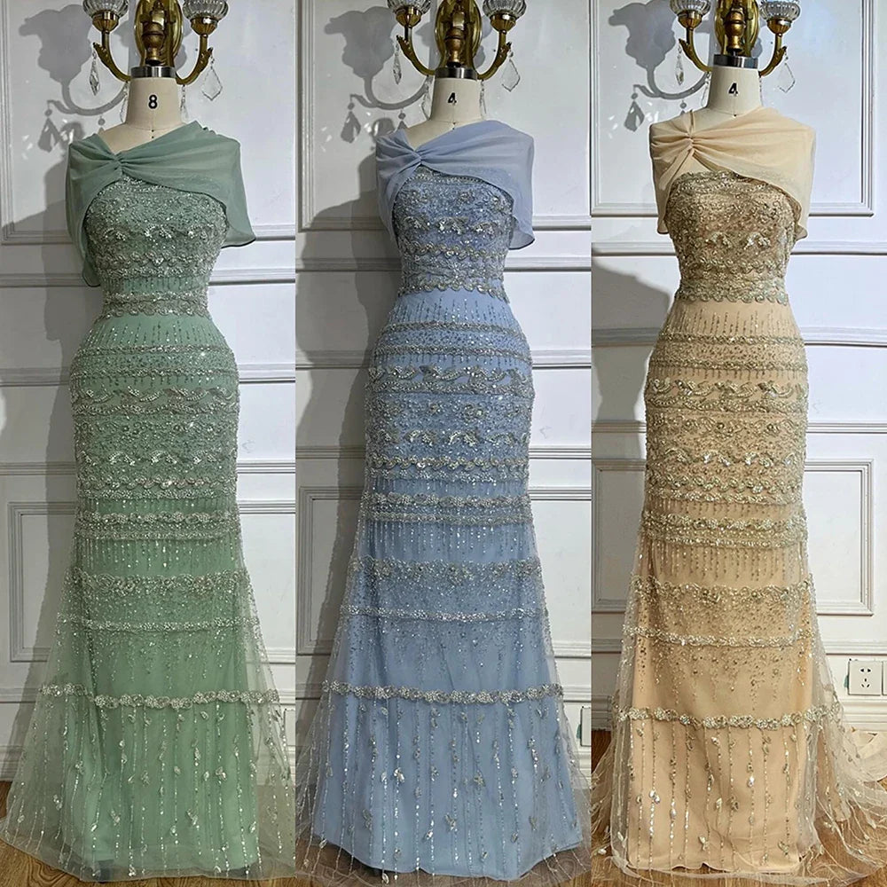 Luxury Sage Green Beaded Evening Dress with Cape LA72126B