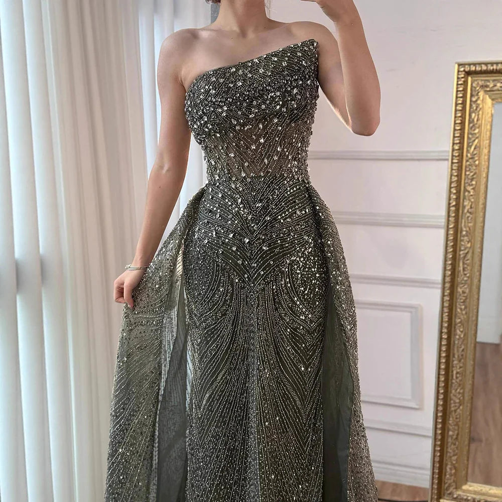 Luxury Olive Green Beaded Mermaid Evening Dress with Overskirt LA73164