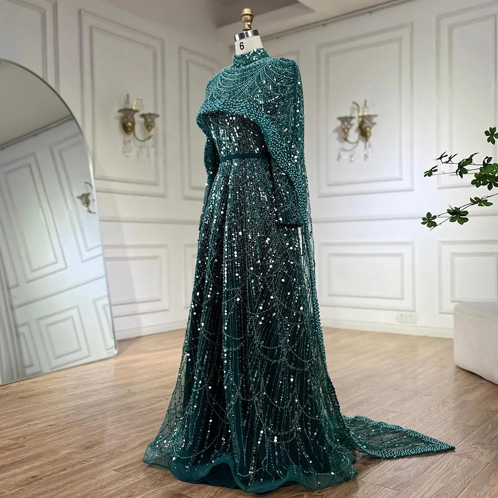 Luxury Modest Sage Green Evening Dress with Pearls LA72032B