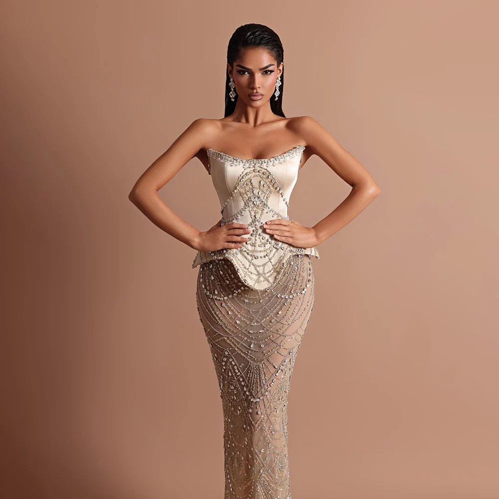 Luxury Strapless Beaded Evening Party Couture Dress LA73166