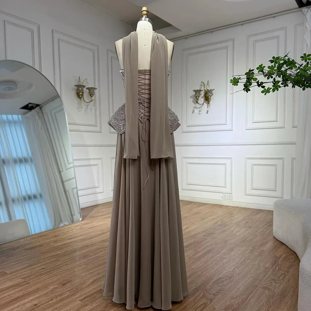 Luxury Designer Nude Beaded Chiffon Evening Dress LA72915