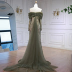 Elegant Olive Green Evening Dress with Lace Sleeves LA72942