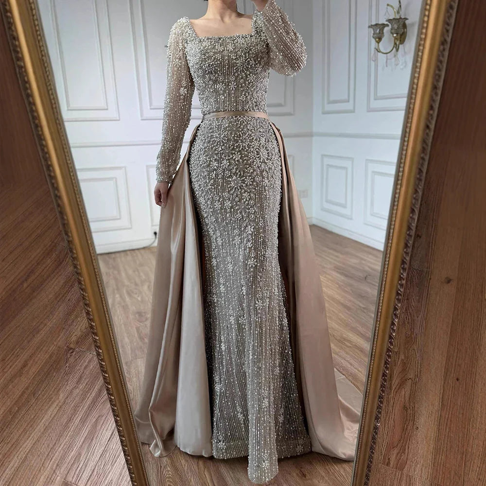 Luxury  Dubai Arabic Muslim Caramel Mermaid Beaded Evening Gown with Overskirt LA72533A