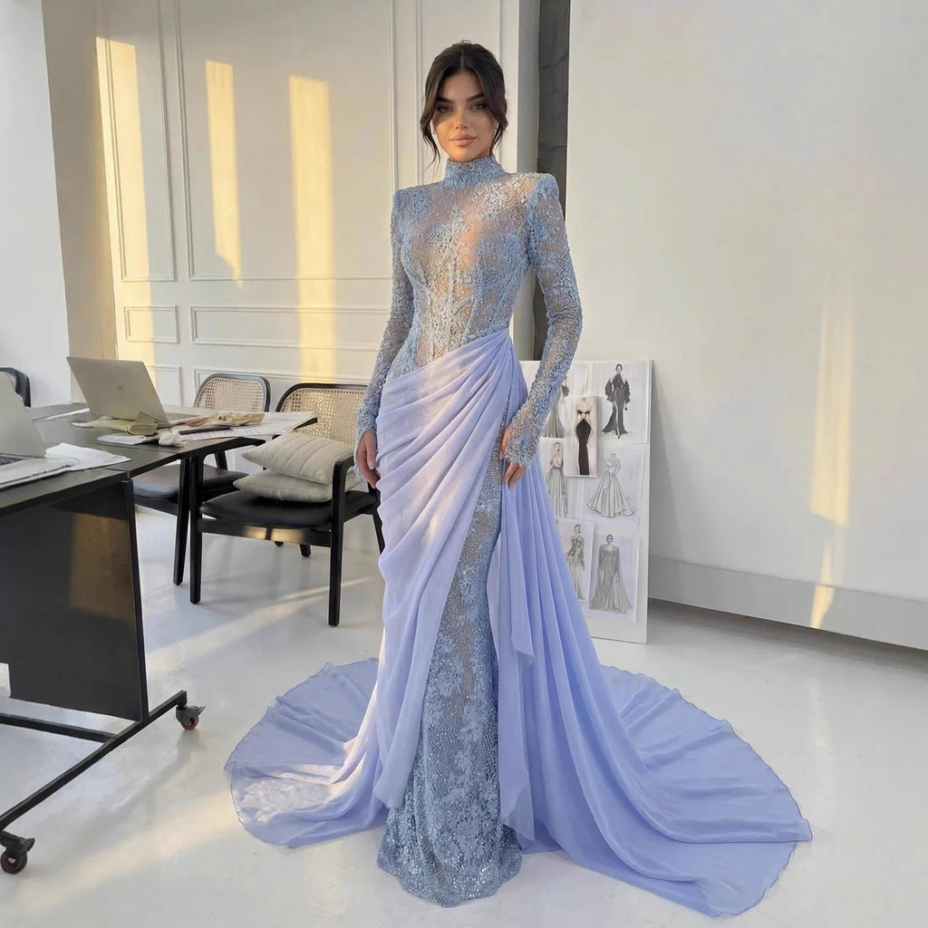 Luxury Lilac High Neck Beaded Mermaid Evening Dress LA73407