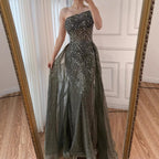 Luxury Olive Green Beaded Mermaid Evening Dress with Overskirt LA73164
