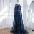 Luxury Dubai Navy Blue Beaded Lace Evening Dress with Cape Sleeves LA73323 - SERENE HILL