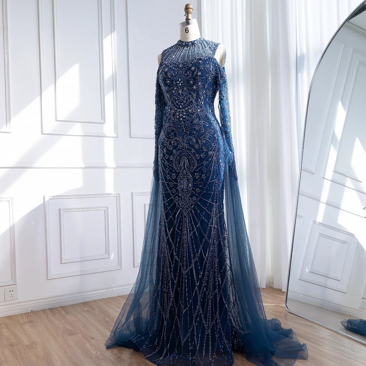 Luxury Dubai Navy Blue Beaded Lace Evening Dress with Cape Sleeves LA73323 - SERENE HILL