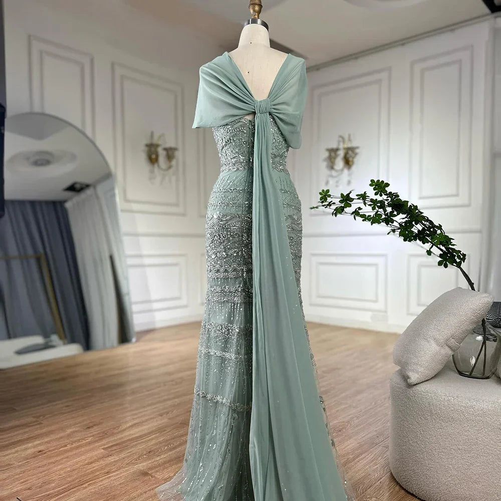 Luxury Sage Green Beaded Evening Dress with Cape LA72126B