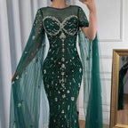Luxury Green Beaded Mermaid Dress with Cape Sleeves LA73115