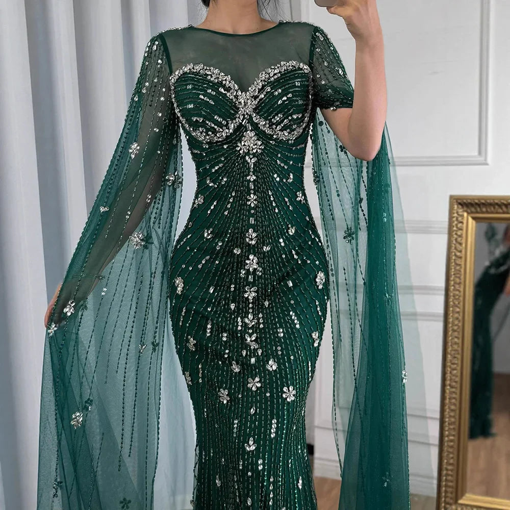 Luxury Green Beaded Mermaid Dress with Cape Sleeves LA73115