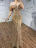Luxury Saudi Arabic Gold Luxury Crystal Beaded Mermaid Evening Dress LA73142A - SERENE HILL