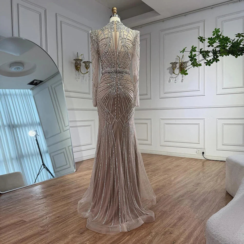 Modest Caramel High Collar Evening Dress for Wedding Guest LA73203 - SERENE HILL