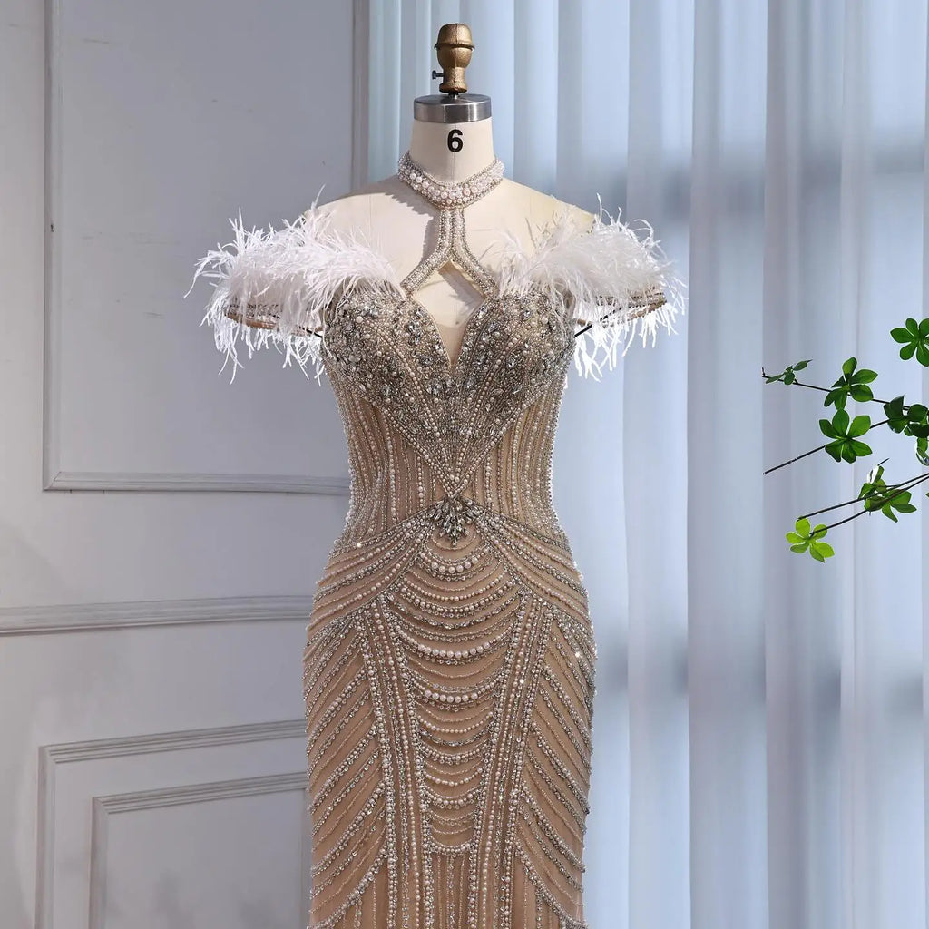 Luxury Pink Feather Halter Beaded Evening Gown for Wedding Party LA73212 - SERENE HILL