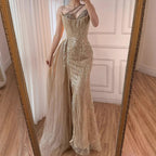 Luxury Nude Crystal Beaded One-Shoulder Evening Dress with Overskirt LA73161