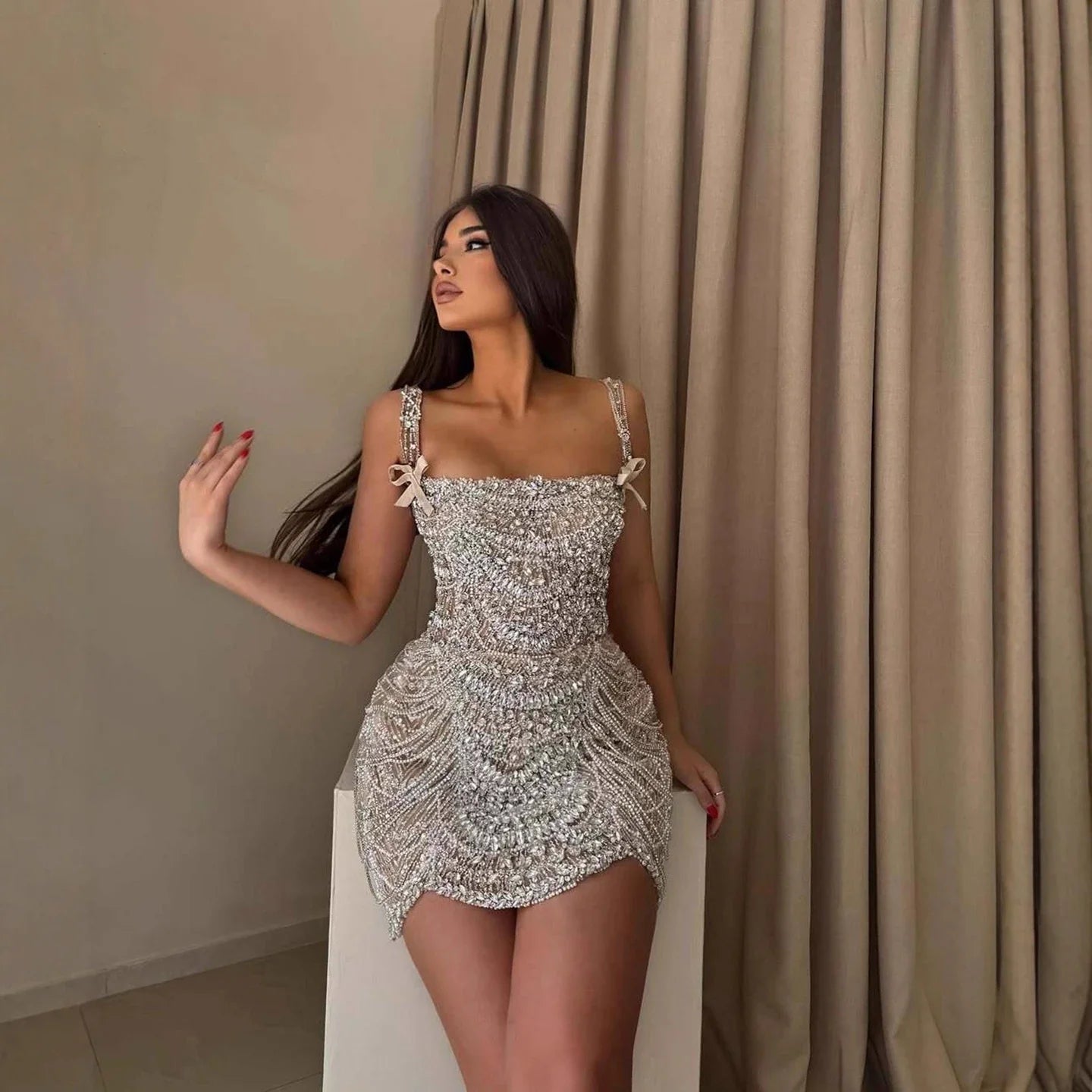 Luxury Nude Stone Strap Mini Cocktail Dress LA72983B - SERENE HILL