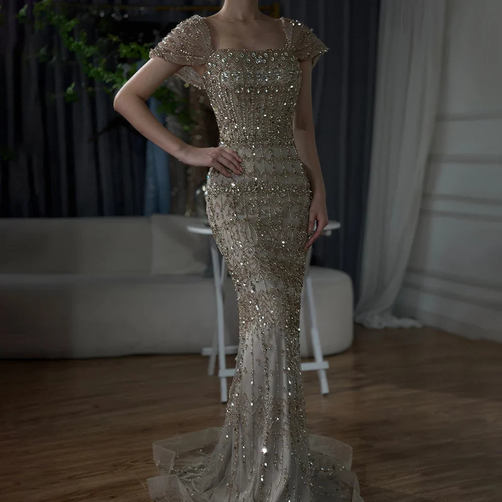 Luxury Dubai White Mermaid Beaded Evening Dress with  Cape Sleeves LA72714