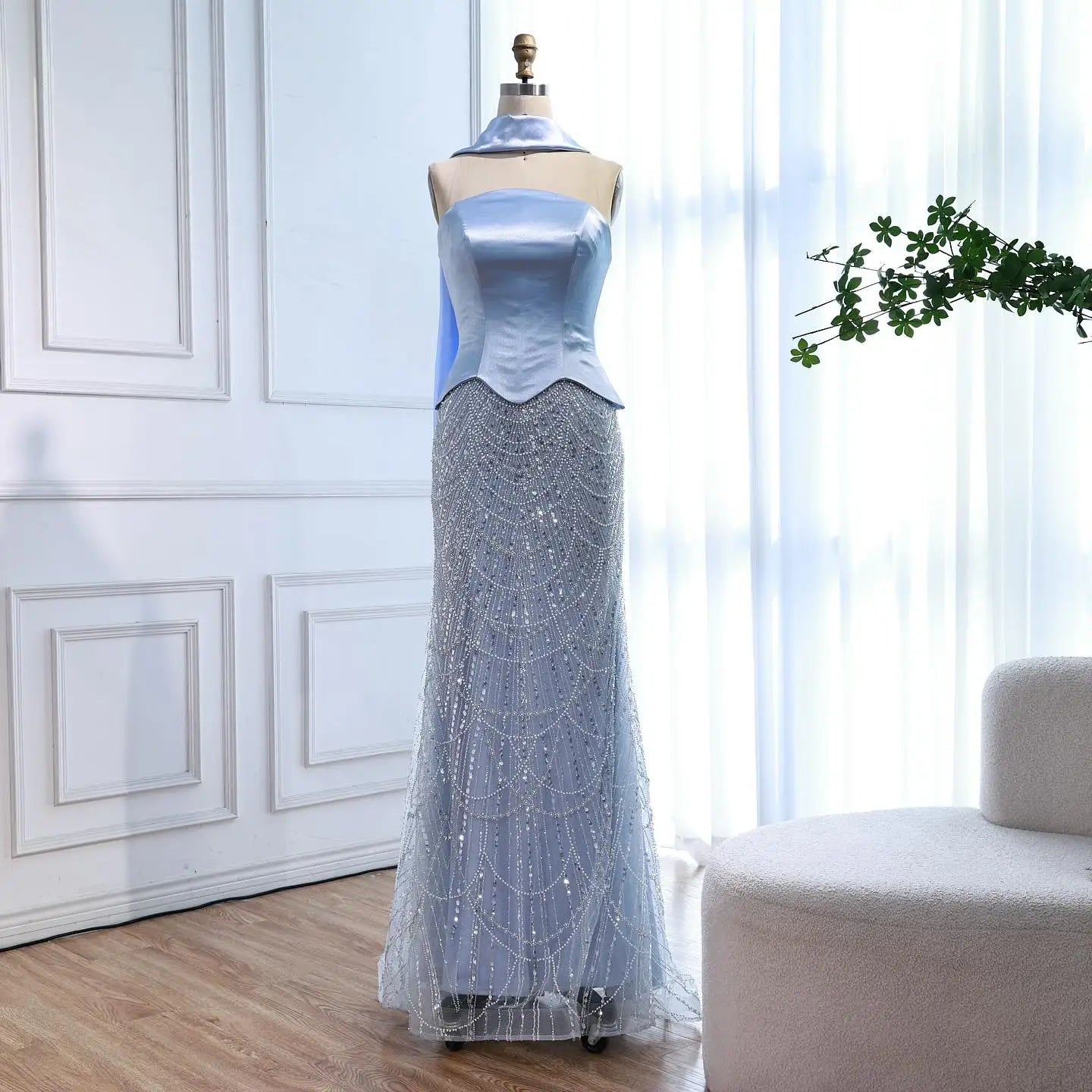 Blue Arabic Dubai Designer A-Line Evening Dress for Women Party LA73216 - SERENE HILL