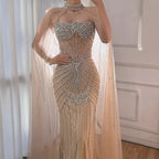 Luxury Turquoise Crystal Beaded Evening Dress with Cape LA73202 - SERENE HILL