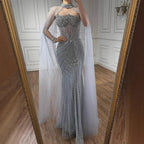 Luxury Turquoise Crystal Beaded Evening Dress with Cape LA73202 - SERENE HILL