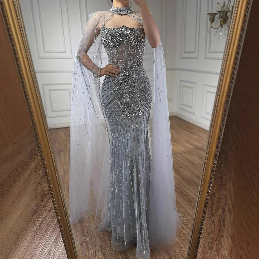 Luxury Turquoise Crystal Beaded Evening Dress with Cape LA73202 - SERENE HILL