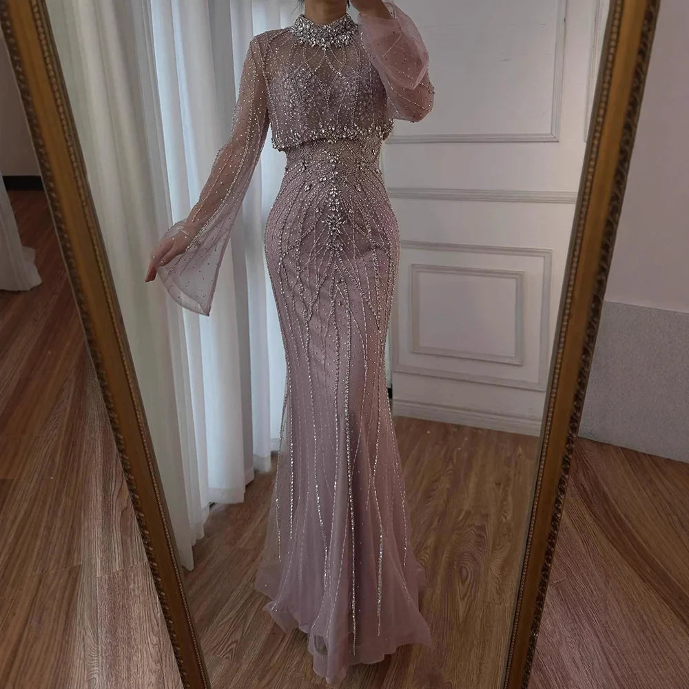 Luxury Turquoise Crystal Beaded Mermaid High Neck Long Sleeve Evening Dress LA73136