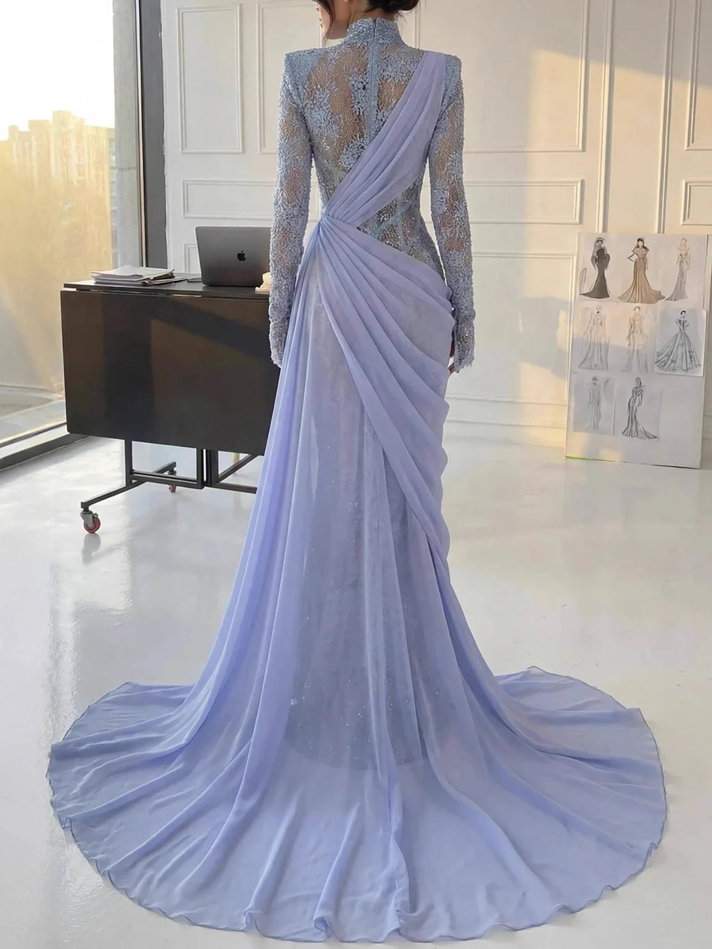 Luxury Lilac High Neck Beaded Mermaid Evening Dress LA73407