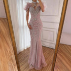 Luxury Pink Feather Halter Beaded Evening Gown for Wedding Party LA73212 - SERENE HILL