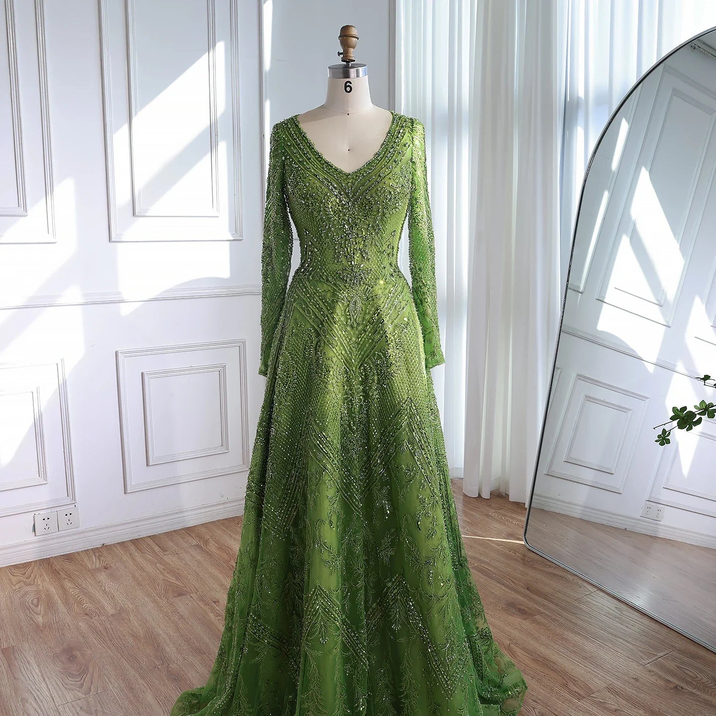 Luxury Lime Green Lace Beaded Long Sleeve Evening Dress LA73324 - SERENE HILL