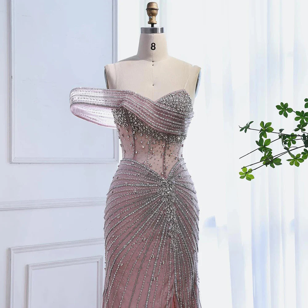 Luxury Pink Crystal One Shoulder Beaded Evening Dress Split LA73197 - SERENE HILL