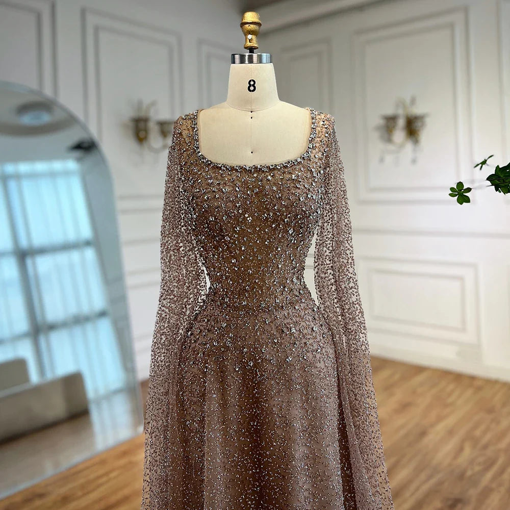 Luxury Rose Gold Beaded Evening Dress with Cape LA72147C Plus Size