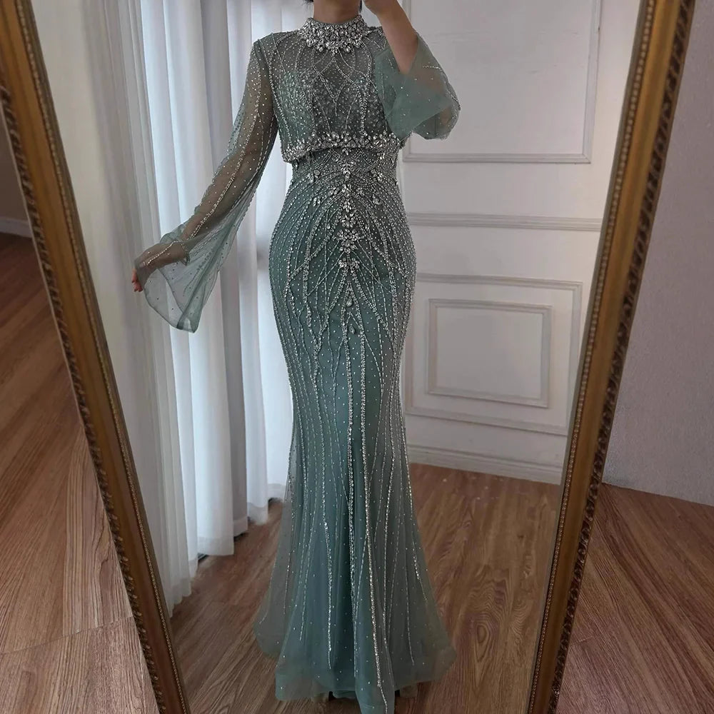 Luxury Turquoise Crystal Beaded Mermaid High Neck Long Sleeve Evening Dress LA73136