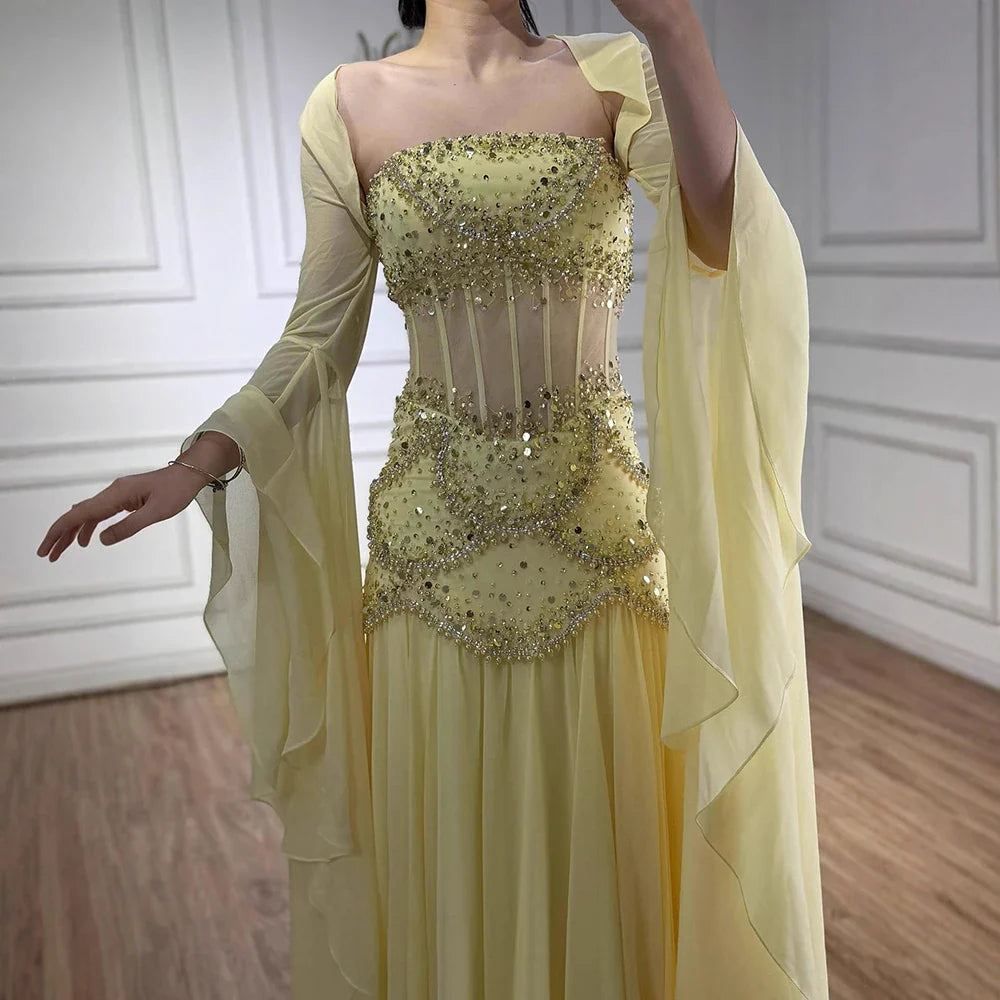 Luxury Blue Evening Dress with Pearls Tassels and Flowing Coat LA72978A