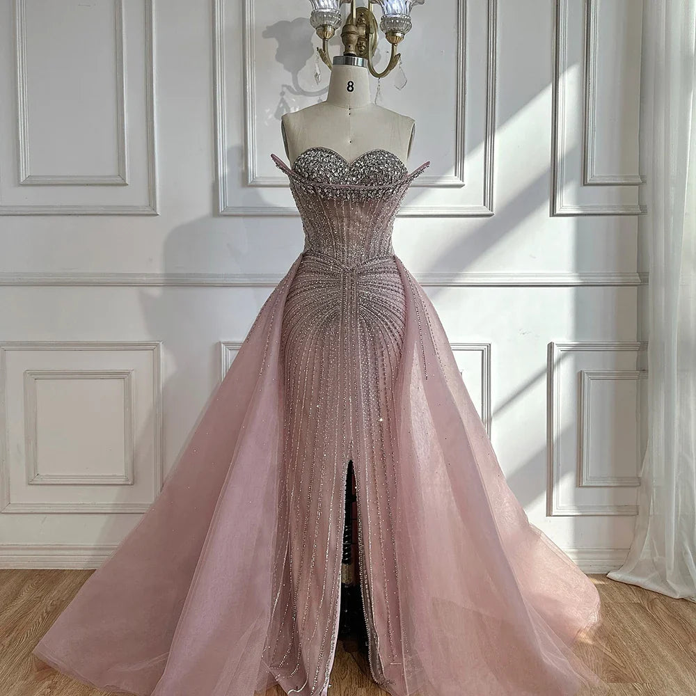 Luxury Dubai Nude Beaded Mermaid Evening Dress with Overskirt LA72811