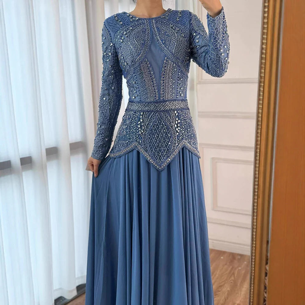Green Modest Elegant Beaded Evening Dress with Long Sleeves LA72962